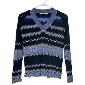Uterque Black Blue White Long Sleeve V-Neck Chevron Pattern Sweater Size Small